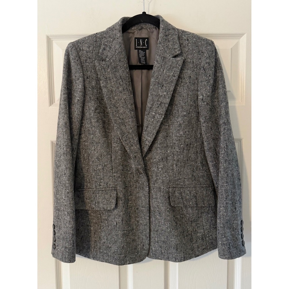 INC International Concepts Gray Wool Blend Tweed Blazer Jacket Women's Career 8